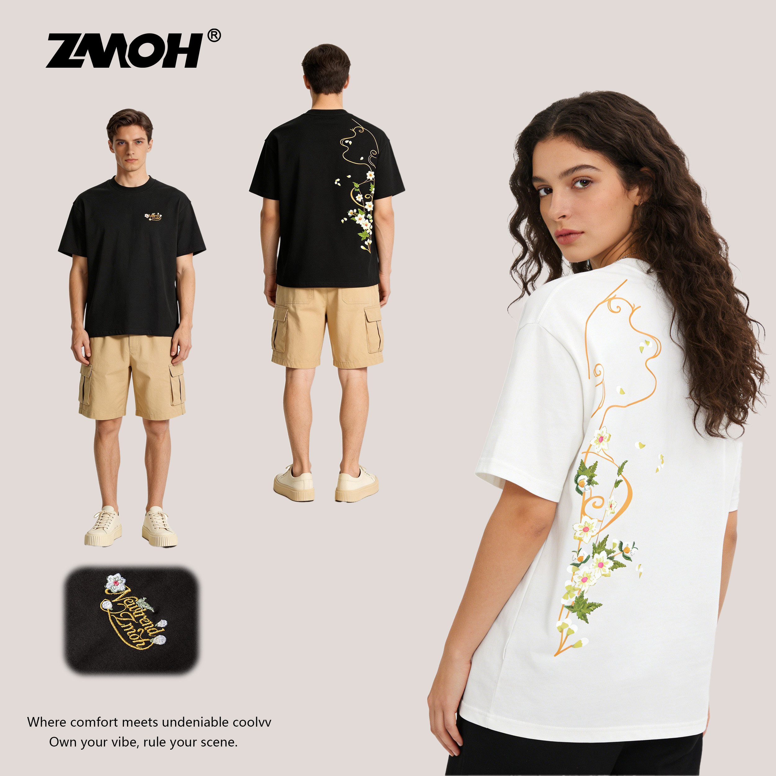 ZMOH圆领刺绣短袖2026年夏情侣纯棉女花卉美式透气T恤落肩男上衣