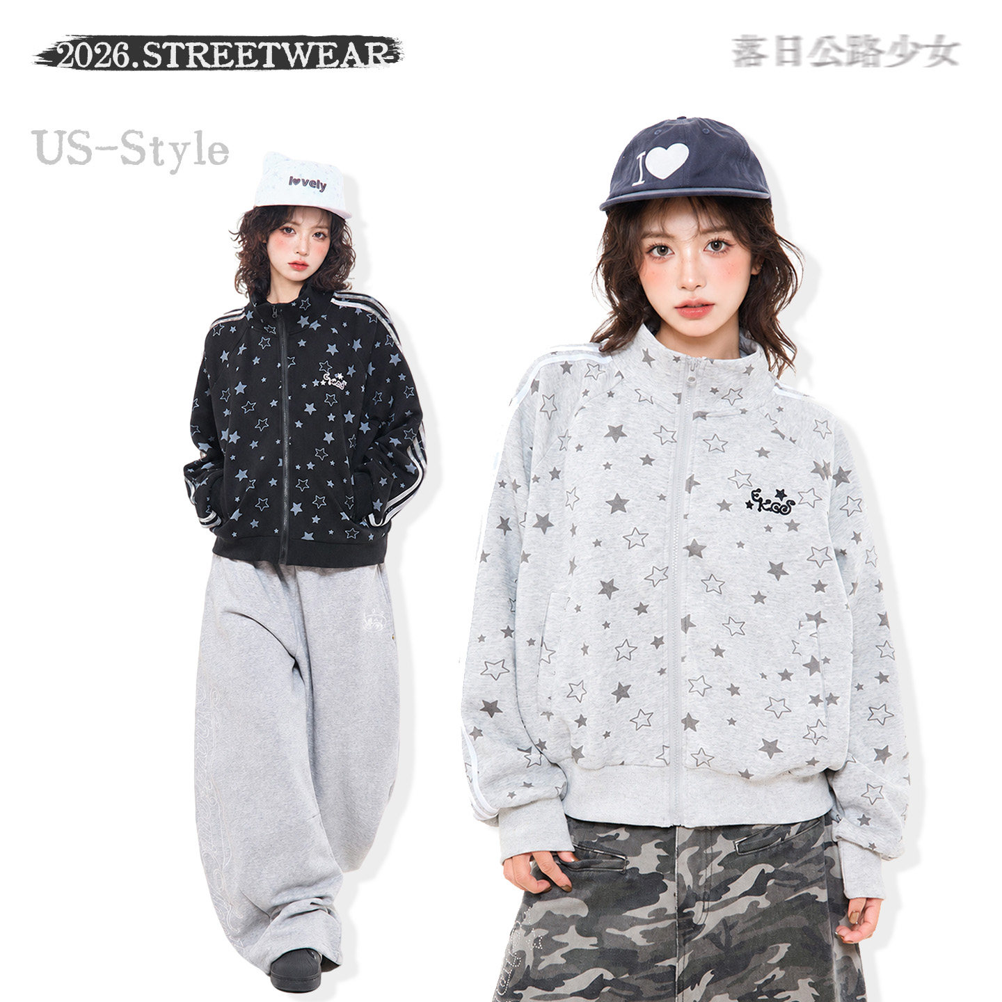 美式复古星星印花棒球夹克女