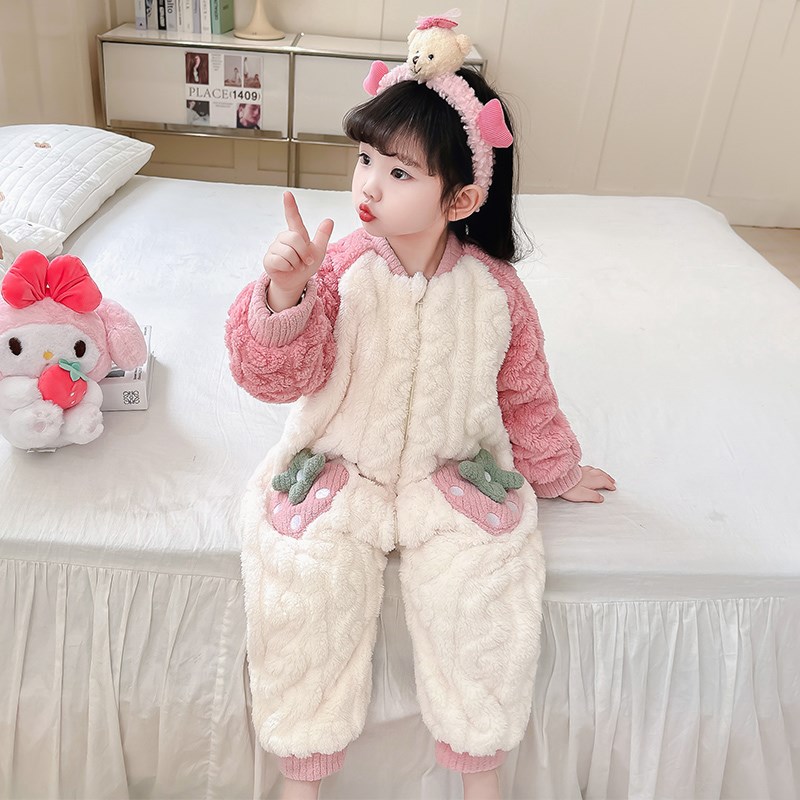 儿童法兰绒睡袋冬款冬季2023新款宝宝双层5加绒加厚6女童连体睡衣