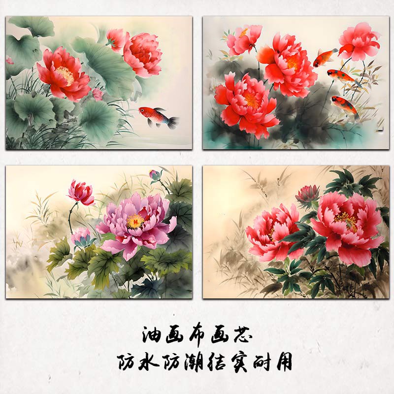 新中式花开富贵牡丹电表箱装饰画客厅餐厅配电箱可自粘油画布画芯图片
