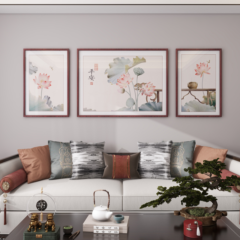 荷花新中式客厅挂画沙发背景墙装饰画大气国风三联画2023新款壁画图片