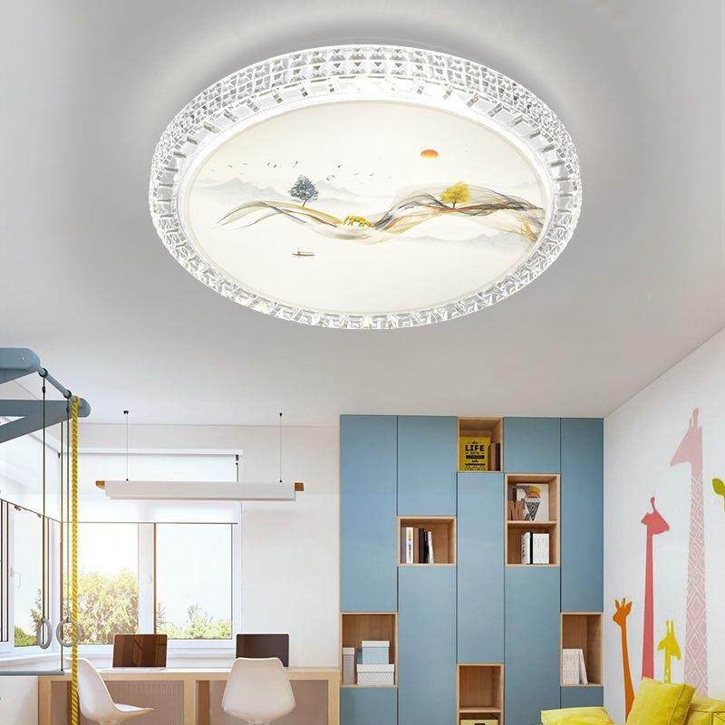 圆形吸顶灯卧LED室灯ESM水厅晶客灯房灯阳书台灯5D山水画高档灯饰