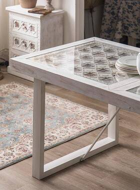 VJO美玻式复古雕家花茶几白色铁实艺木边角几设计师具拼花撞色璃