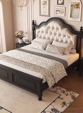 美复古实木床头UZR软包黑色床轻法奢式床1.8双人床1.5主式卧储物