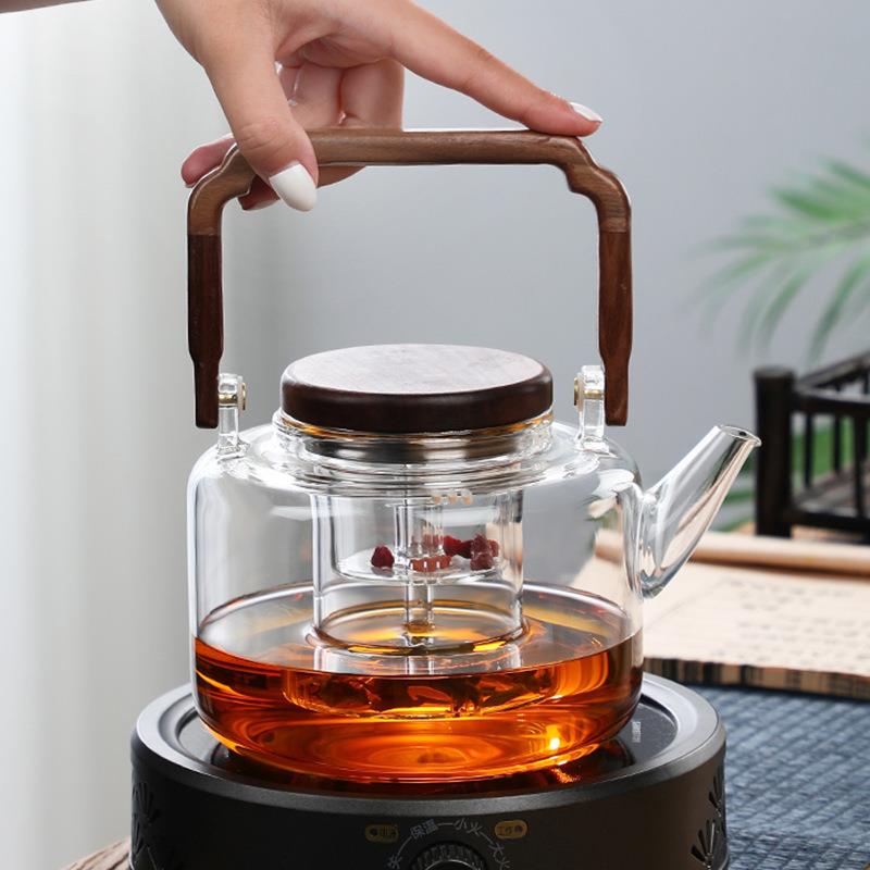 养生玻璃煮茶壶蒸茶壶电陶炉烧水壶家用提梁壶壶木把煮围炉煮茶壶