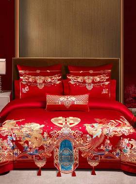 高端奢轻长绒凤棉龙重工刺绣四套结婚陪嫁91058件全棉大红色多件