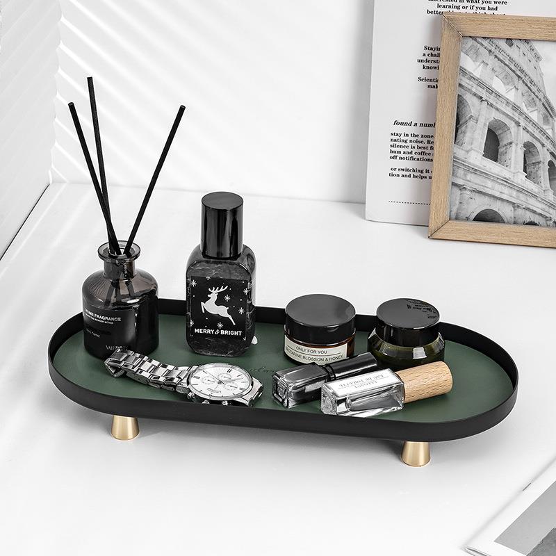 轻奢铁艺摆件皮革置物盘桌面装饰品收纳托盘玄关首饰高脚装饰托盘