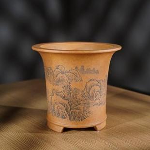 高档精品名家秦夕洪大底孔金钱孔通转山水刻绘束腰兰花盆景盆 新款