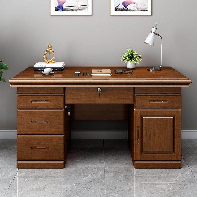 办公桌全实木书桌写字台家用房间单人台式电脑桌带抽屉带锁办公室