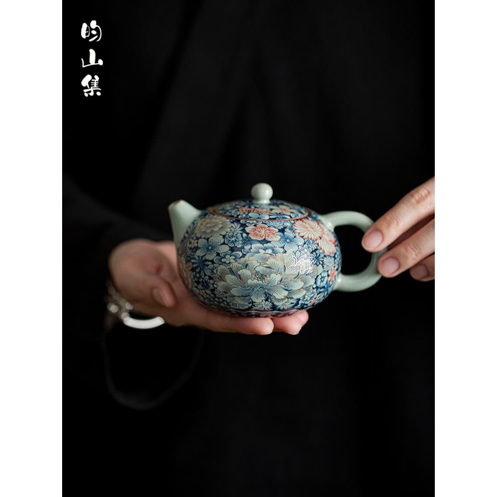 青花汝窑茶壶西石壶民族风格家用功夫茶套装覆古陶瓷单不热茶单壶
