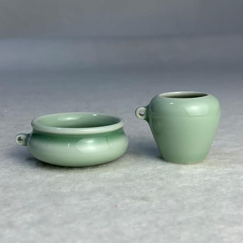 弟窑青瓷鸟笼配件绣眼红子贝子金青黑白麻雀鸟食罐鸟碗鸟杯两件套
