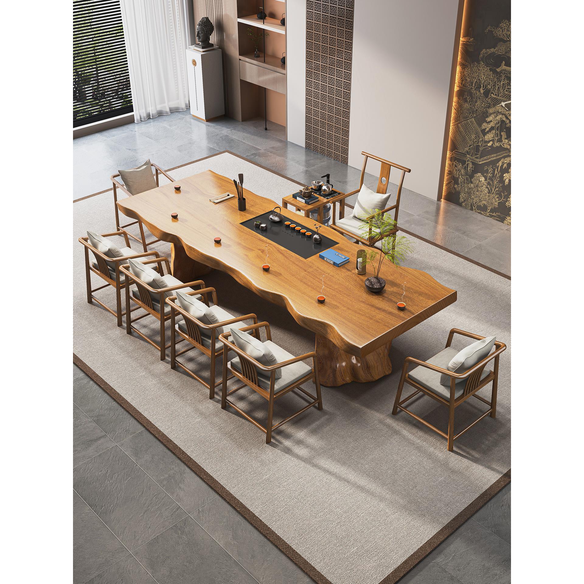 原木大板茶桌新中式家用茶台轻奢现代高级感实木喝茶桌椅组合