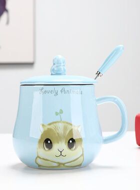 儿童陶瓷杯带盖子勺子卡通可爱小号家用好看的小学生喝水杯子口杯