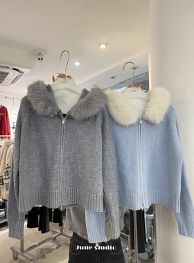 双拉链灰色连帽毛领毛衣外套女秋冬季宽松慵懒风开衫针织卫衣上衣