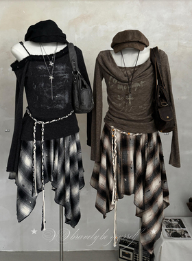 美式复古做旧破洞格子高腰半身裙女秋冬甜酷设计感不规则a字短裙