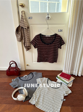 June美式复古辣妹短款条纹圆领T恤女夏季新款小个子修身显瘦上衣