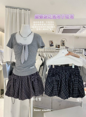 美式复古格子半身短裙女夏季新款显瘦蝴蝶结a字小个子花苞蓬蓬裙