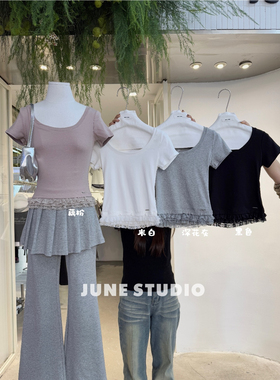 June韩系甜美圆领短袖t恤女夏季蕾丝花边拼接纯欲别致气质小上衣