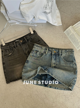 做旧复古辣妹牛仔短裙女夏季新款小个子高腰百搭防走光a字半身裙