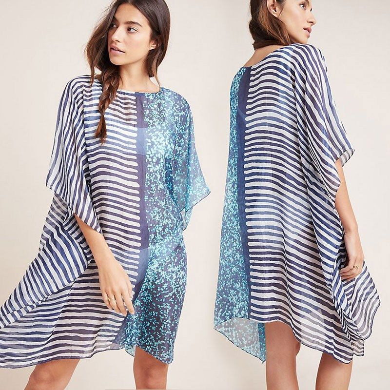 雪纺条纹单件可下水温泉度假宽松沙滩套头泳衣罩衫比基尼外搭防晒