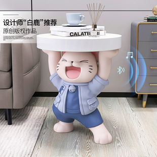 多功能大型落地发财猫卡通摆件客厅玻璃钢装饰品小茶几卧室床头柜