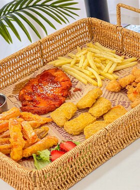 食物托盘商用仿藤编织水果篮零食美食H摆放盘面包收纳篮薯条筐子