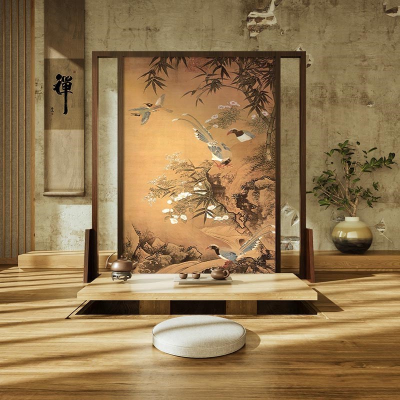 宋式美学新中式可移动屏风隔断客厅玄关茶室进门遮挡卧室座屏花鸟