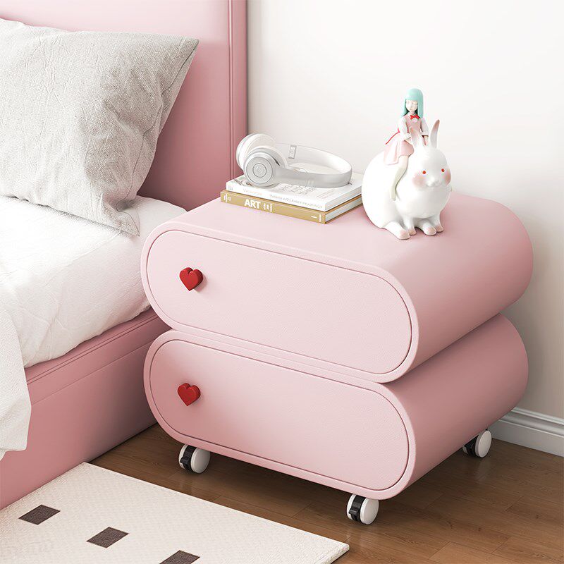 实木床头柜粉色奶油风储物柜w卧室床边收纳柜滑轮置物柜现代简约