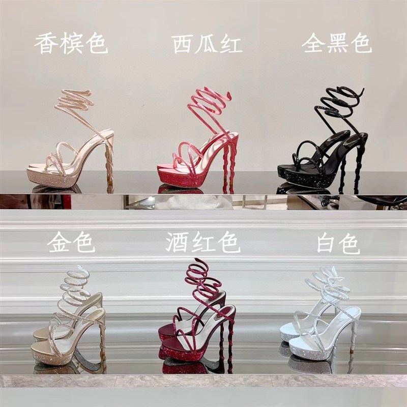法式绝美鞋跟缠绕水钻高跟凉鞋防水台2024闪闪仙女水晶鞋婚鞋精致