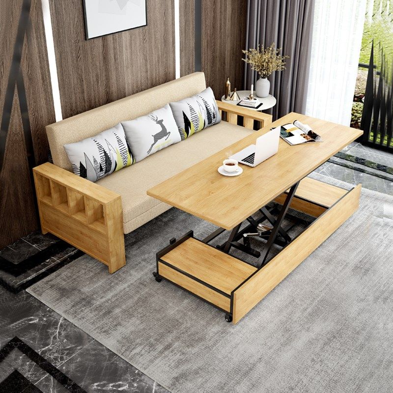 实木沙发床带电动升降茶几坐卧两用床铁一米M二原木色可伸缩单人