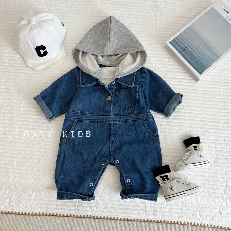ins秋季节婴幼儿帅气工装风牛仔连体衣男女宝宝连帽韩版外出爬服