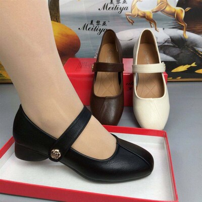 单鞋女2025新款夏季鞋子粗跟软底不累脚女M鞋一字带浅口鞋低跟皮
