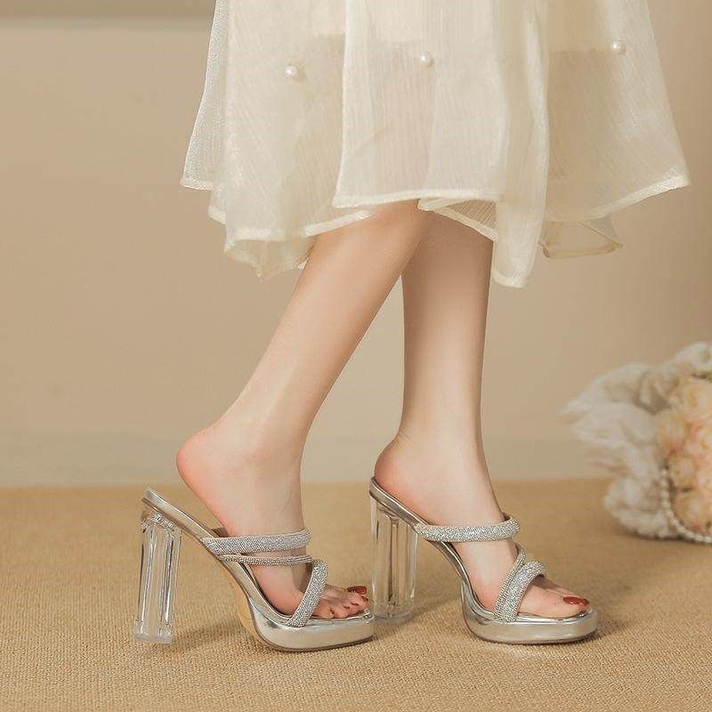 高跟凉鞋女网红拖鞋2025夏季新款水晶跟一字带中跟粗跟ins潮大码,女鞋,时装凉鞋,淘宝优惠券,粉丝福利购,淘宝优惠卷