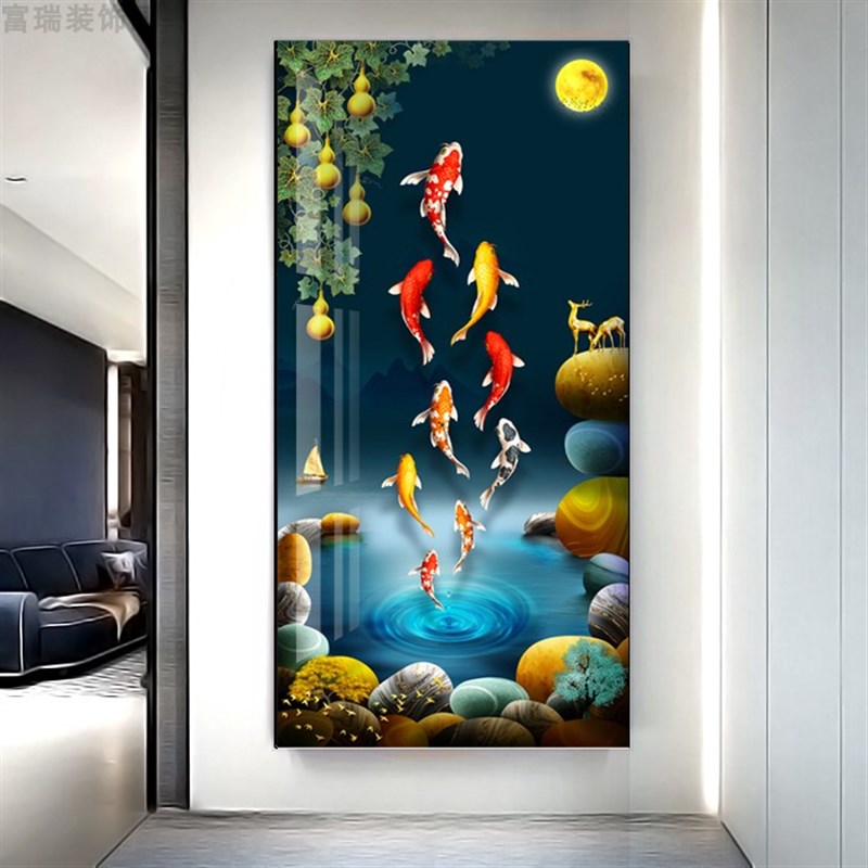 九鱼纳福新中式家庭烤瓷玻璃带框成品玄关装饰画挂画艺术画定制画图片