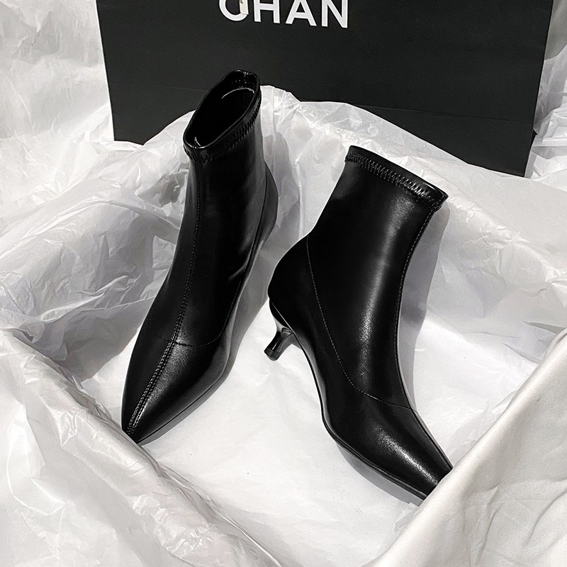 黑色尖头细跟小跟3cm工作高跟鞋短靴女软皮秋冬款加绒单靴弹力靴