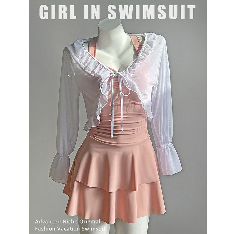 粉色甜美少女泳衣连体裙式平角保守显瘦遮肚泡温泉U长袖罩衫两件