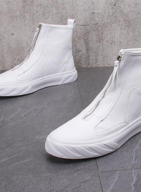 白色高帮男鞋英伦k时尚马丁靴潮流漆皮百搭小白短靴拉链个性皮靴