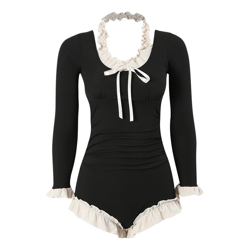 泳衣女2024新款连体黑色长袖防晒遮肉木耳边平角学生保守温泉泳装