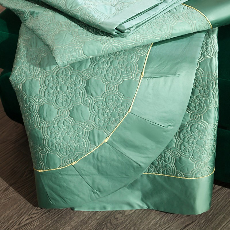 全棉四件套欧式床上用品多件套刺绣花被套 田园绿色六八件套