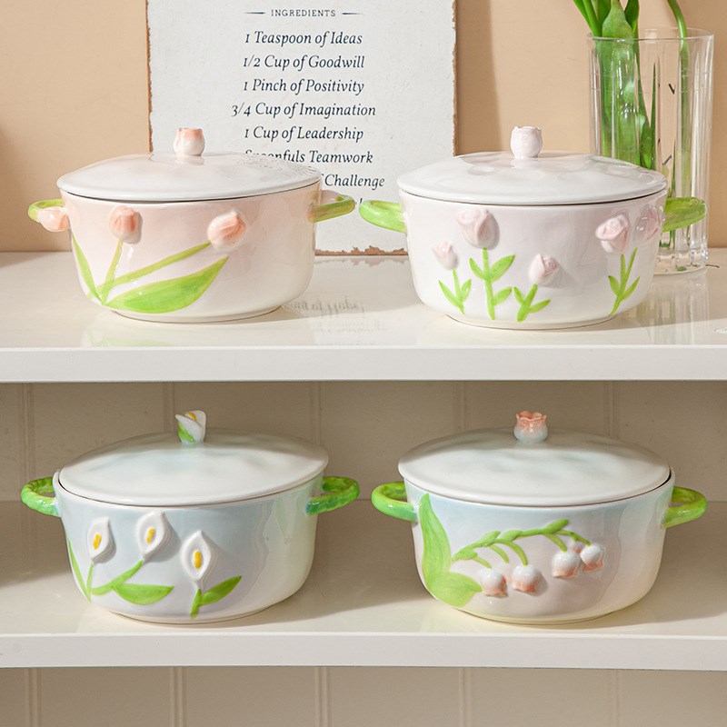 浮雕好看的泡面碗带盖陶瓷碗家用宿舍学生吃饭碗双耳面碗可爱