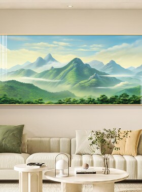 绿色青山图客厅装饰画横版背有z靠山沙发背景墙壁有山无水大气挂