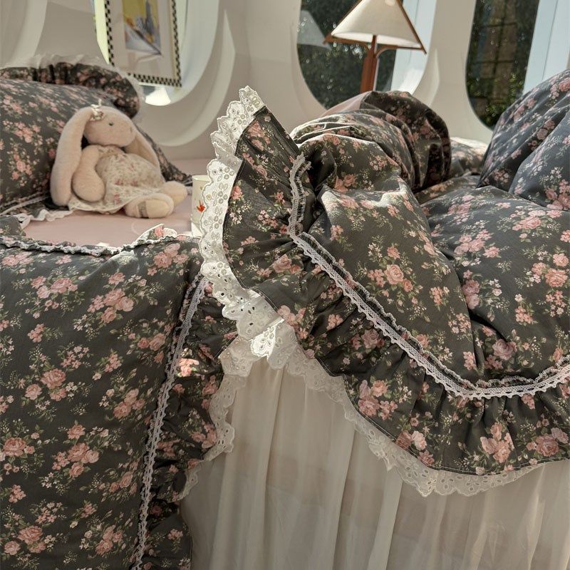 法式少女心蕾丝花边纯棉黑色小碎花床裙四件套1.5m1.8米被套床单
