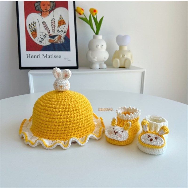 【成品】手工编织婴儿鞋帽套装新生儿百天满月礼物礼盒宝宝毛线鞋