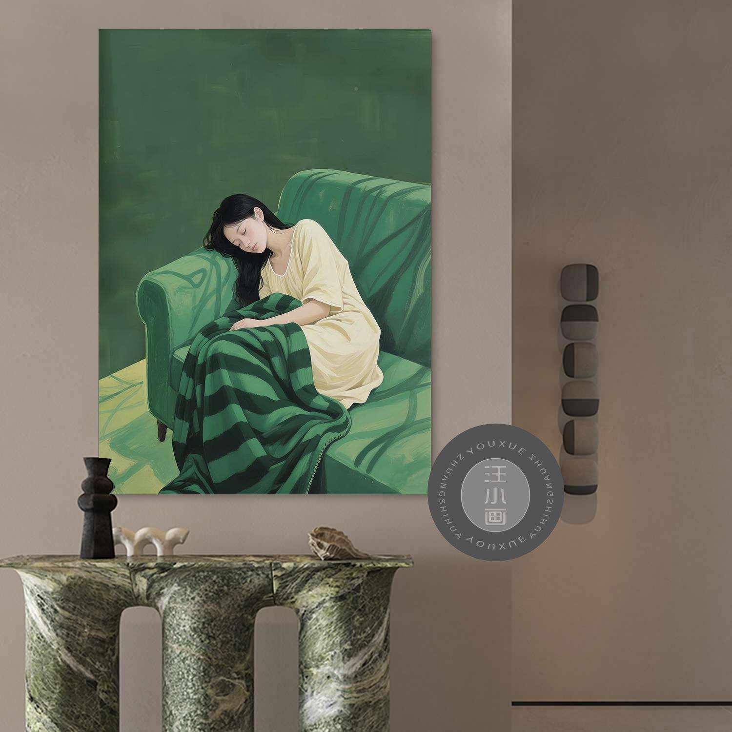 《慵懒少AxmP7Cmx》房间饰卧室装画玄关人物绿系手绘油画色客女厅