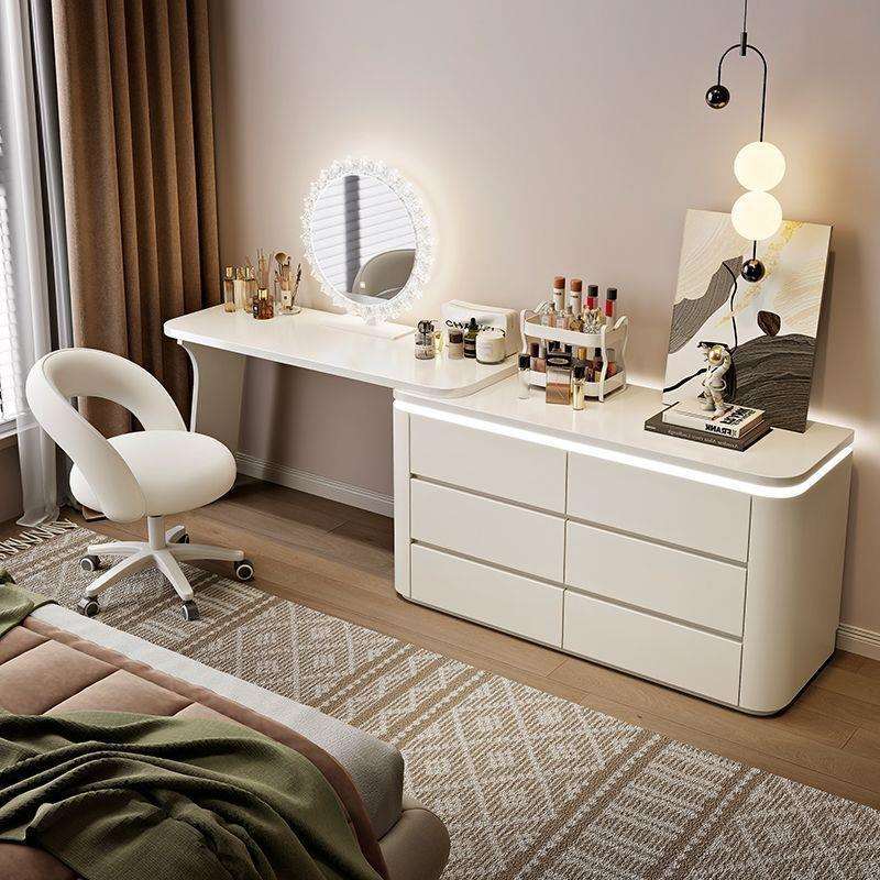 SWA木现代简约轻奢梳妆室奶台油风加原厚实木化妆桌斗柜一体化妆