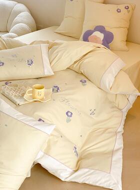 秋冬加全棉磨毛被四件套XX女心紫色小厚花毛少巾绣保暖套床单