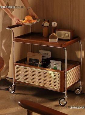 实木移动带轮边几不茶锈钢收中古小推车客厅储75534藤编置物纳简