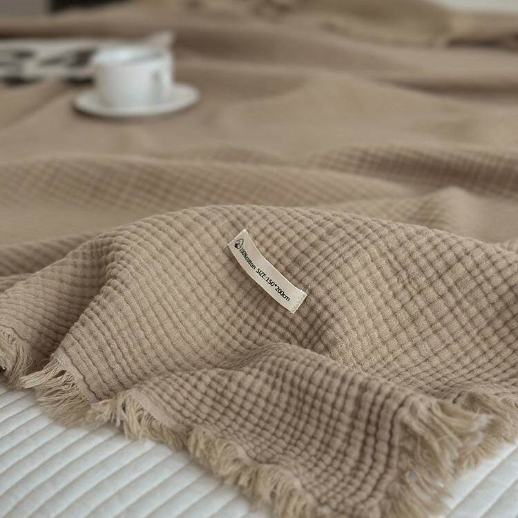 美48431468拉德系纯色流四苏纱全盖毯子软层糯单人棉纯棉春秋办公