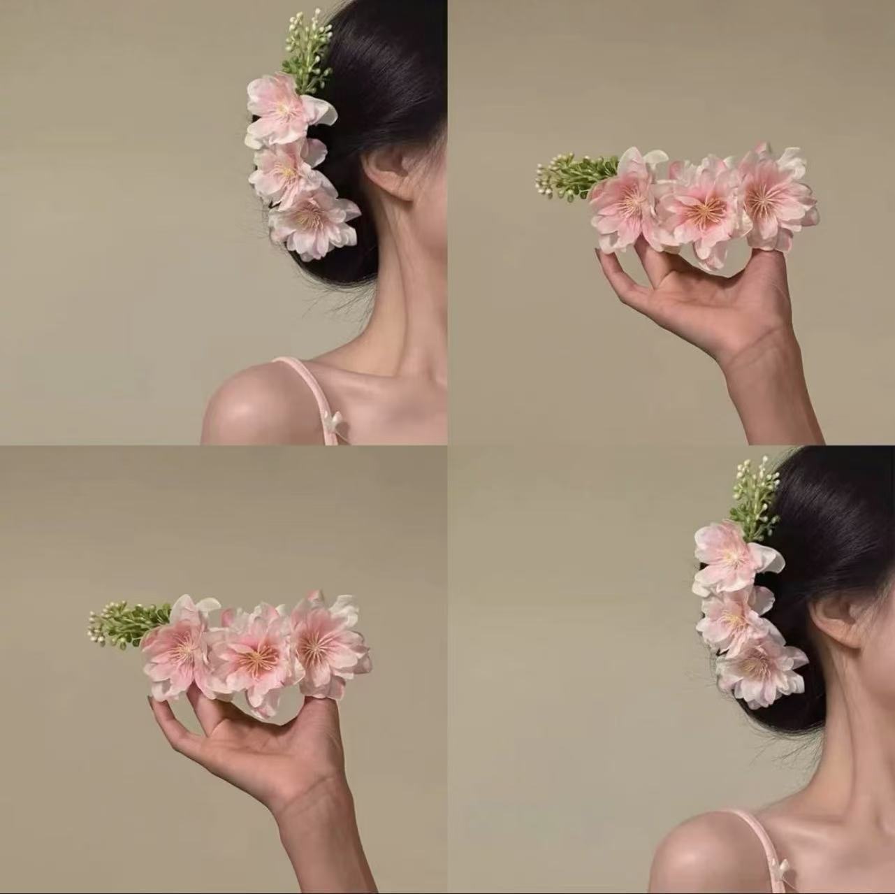 早春款粉色樱花花朵发梳氛围感盘发侧边丸子头簪花度假风温婉