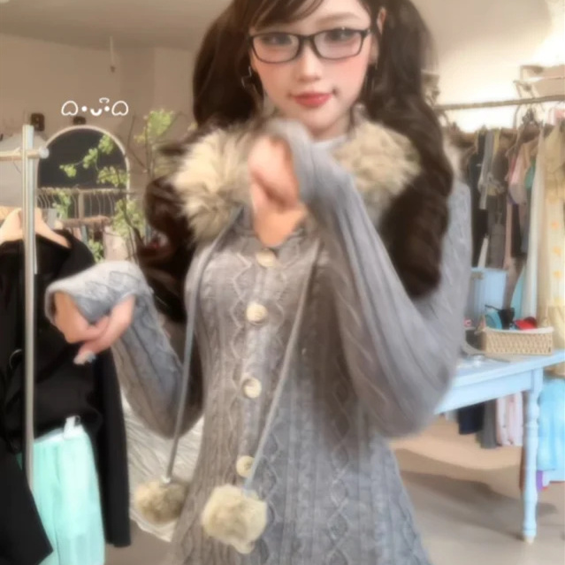 美式纯欲辣妹风毛领连帽麻花针织连体裤女冬季修身显瘦直筒短裤子